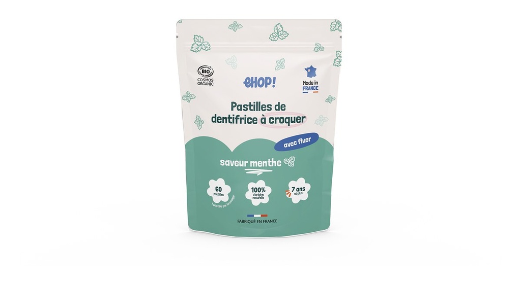Dentifrice à croquer - ehop - menthe - sachet - 60 pastilles - 12/PCB code unitaire : 3760365009311 - COSMOS ORGANIC*