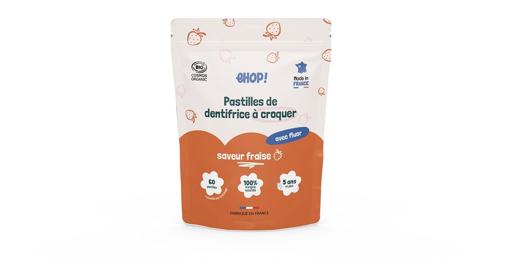 Dentifrice à croquer - ehop - fraise - sachet - 60 pastilles - 12/PCB code unitaire : 3760365009328 - COSMOS ORGANIC*