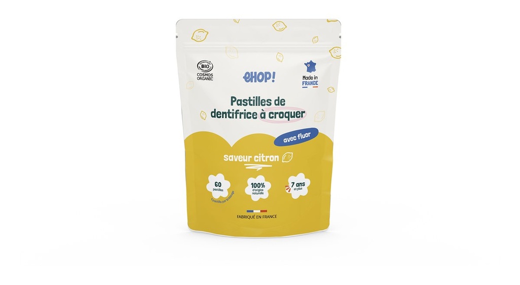 Dentifrice à croquer - ehop - citron - sachet - 60 pastilles - 12/PCB - code unitaire : 3760365009335 - COSMOS ORGANIC*